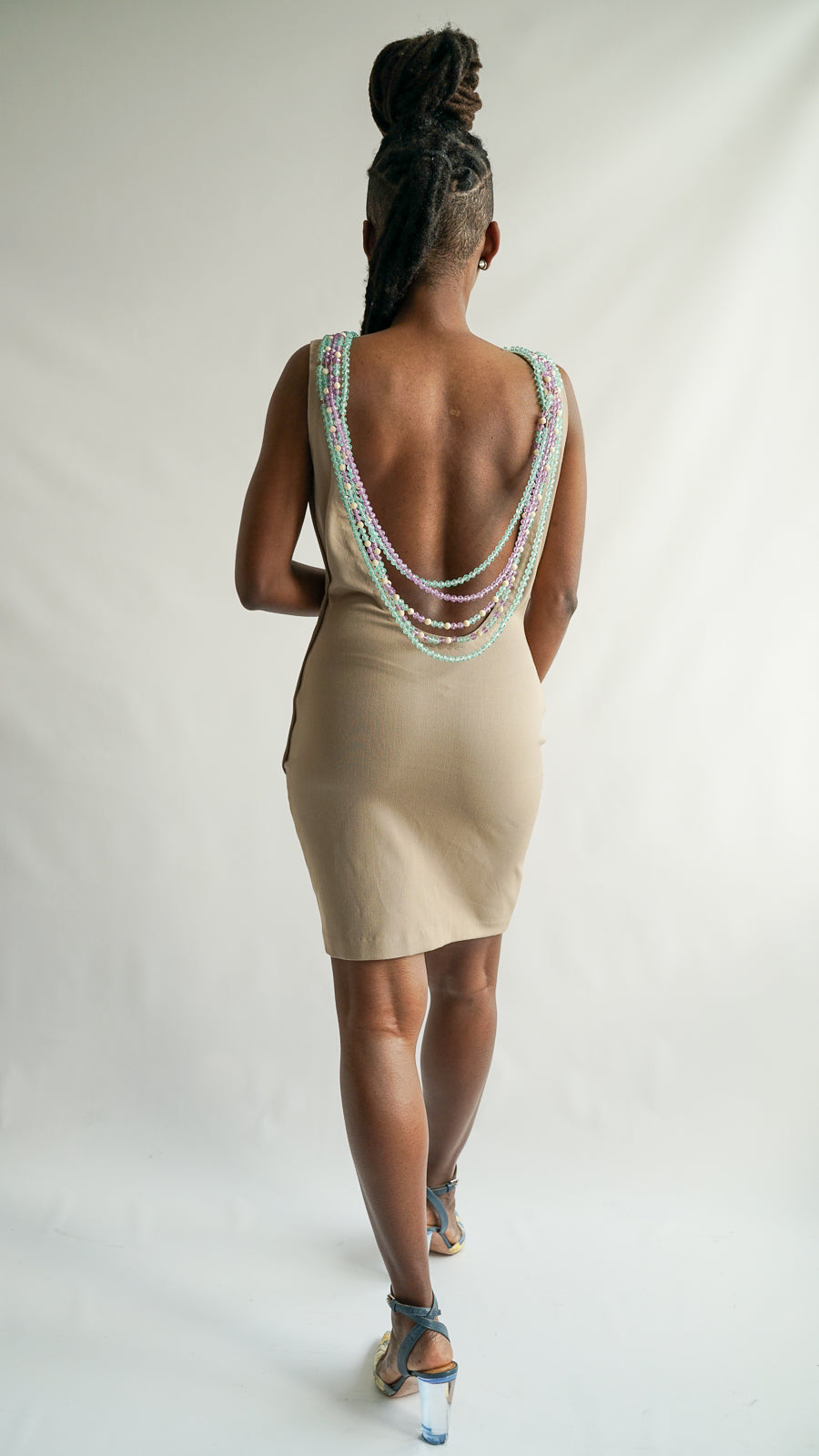 Beaded Plunging Back Dress with Beaded Neckline