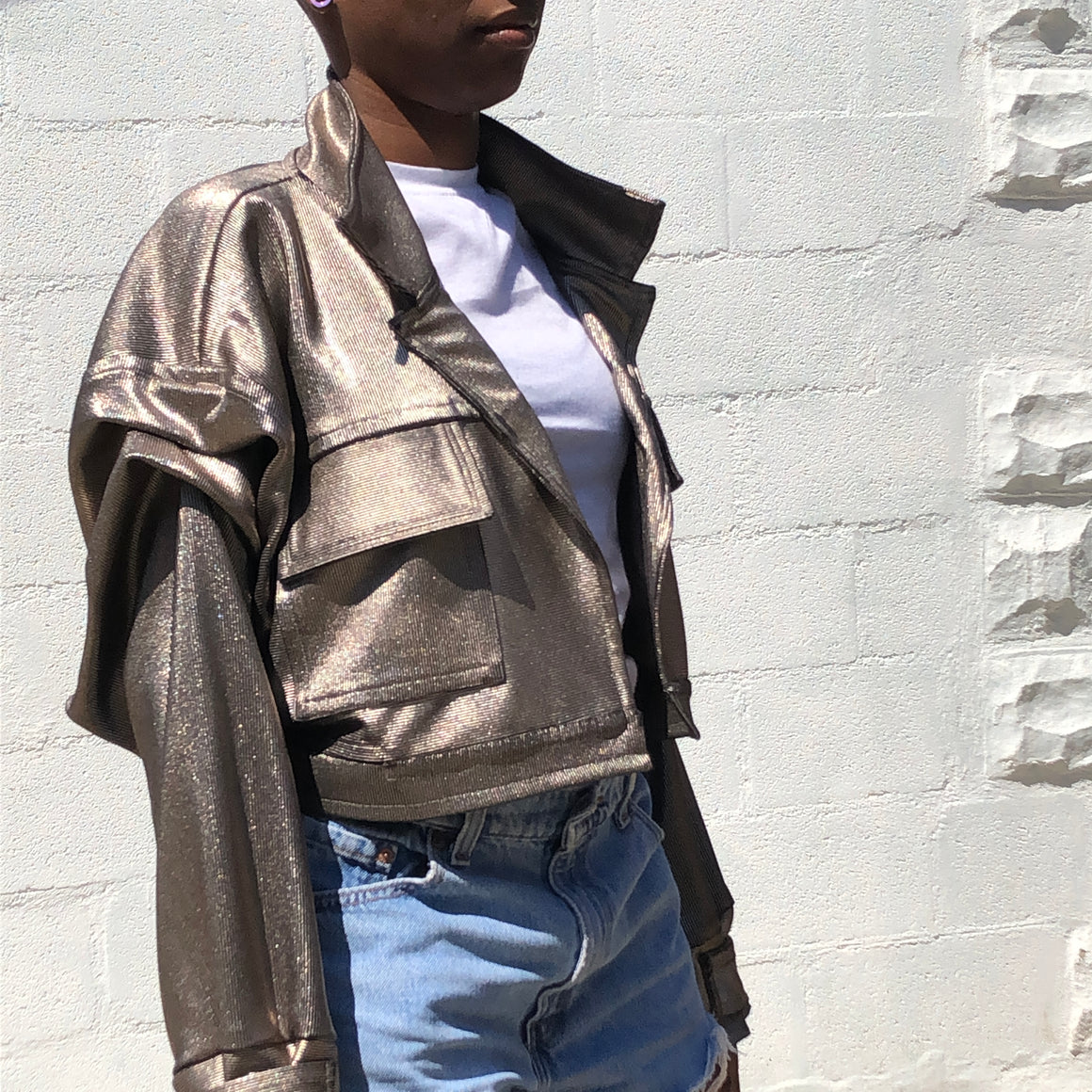 Metallic Biker Jacket with Pleated Sleeves